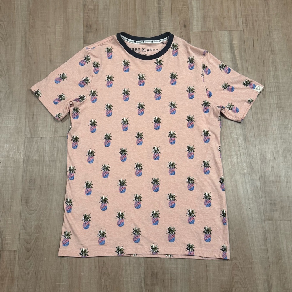 Free Planet Pink Pineapple Print Short Sleeve Tee with Black Trim